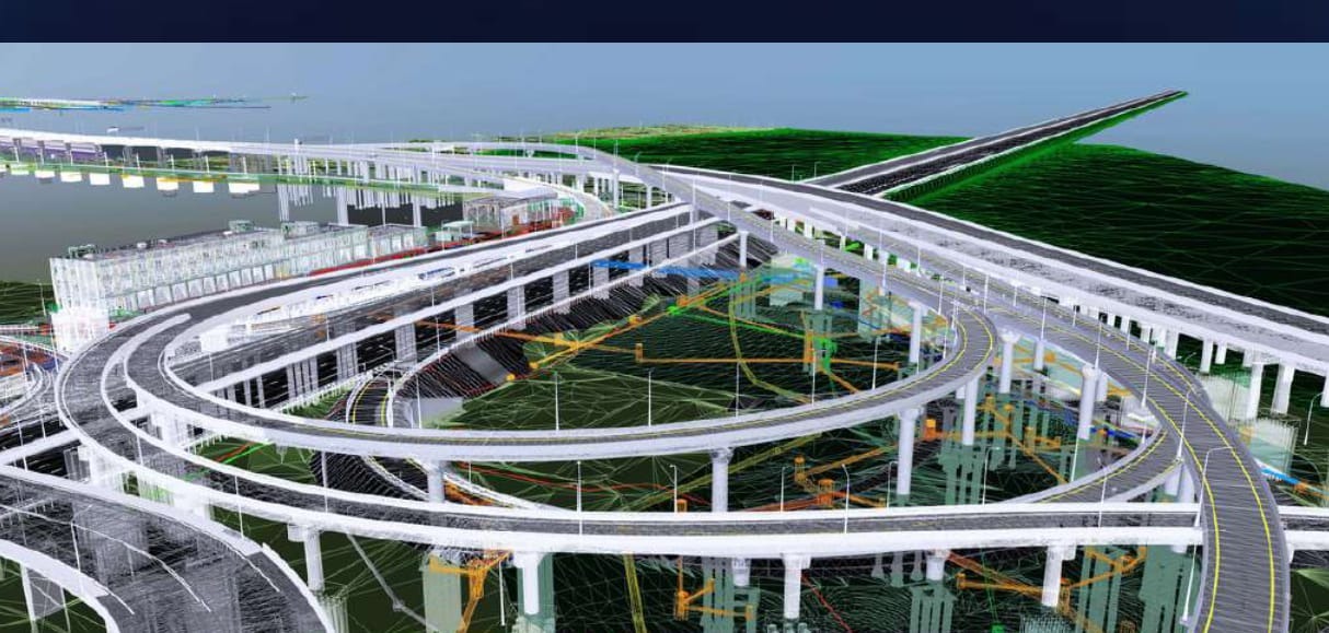Modelo BIM de un intercambio vial con puentes y carreteras